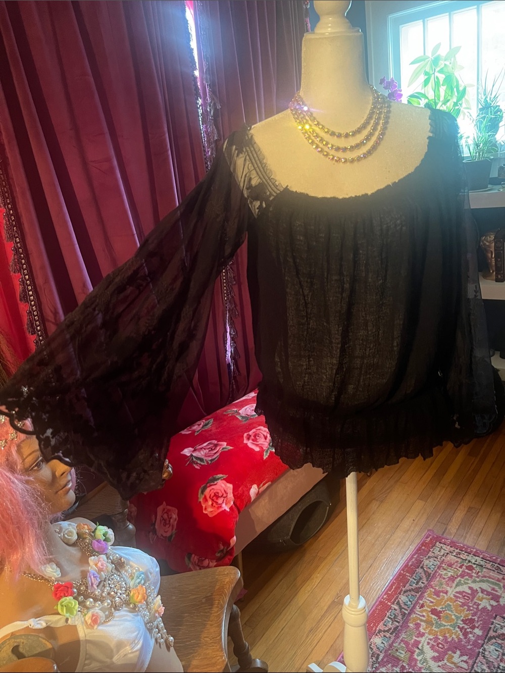 Free People Black Sheer Peasant Blouse with Lace Bell Sleeves